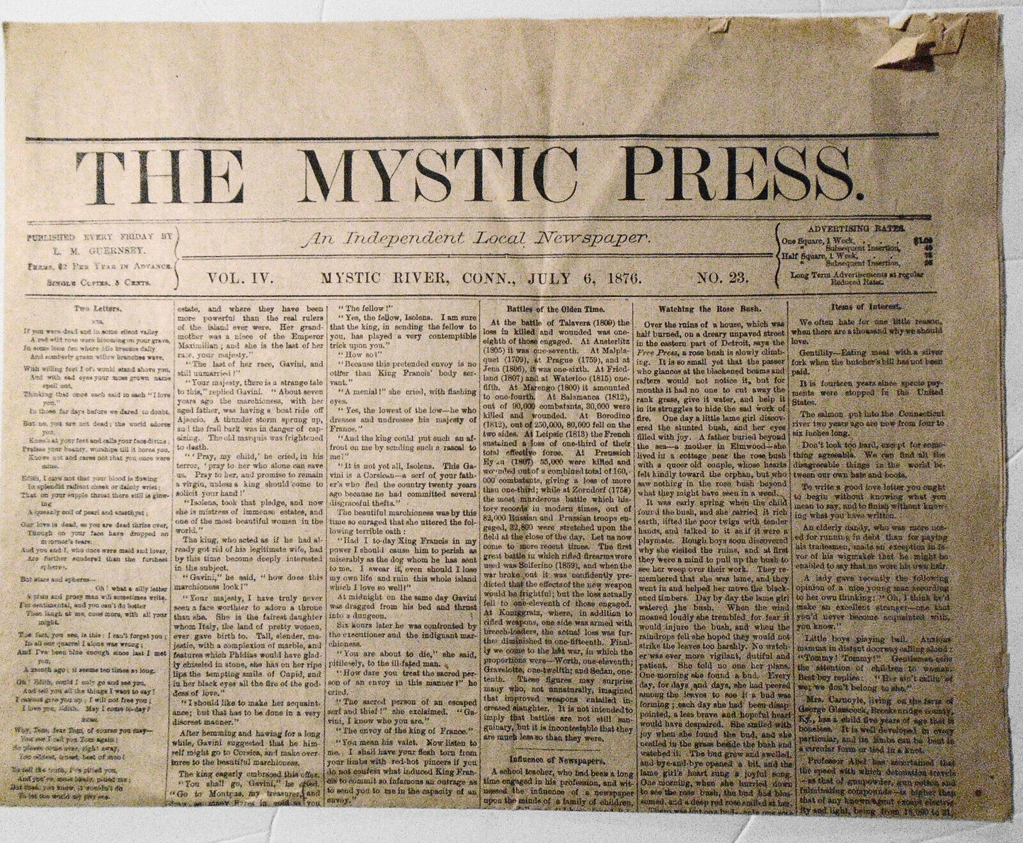 The Mystic Press, July 6, 1876. Stonington Connecticut newspaper (reprint)