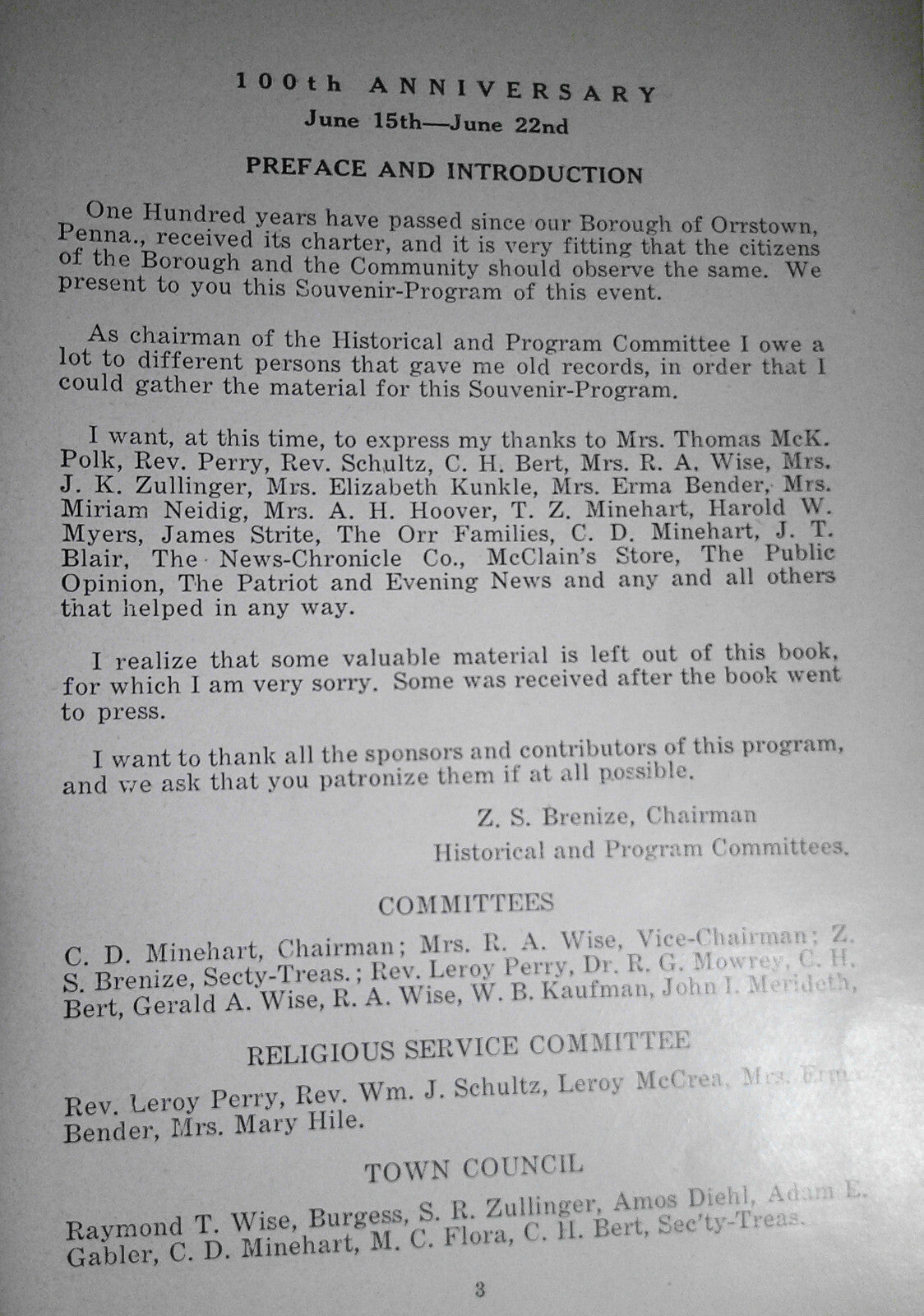 Orrstown centennial, 100th anniversary, 1847-1947 Souvenir program.