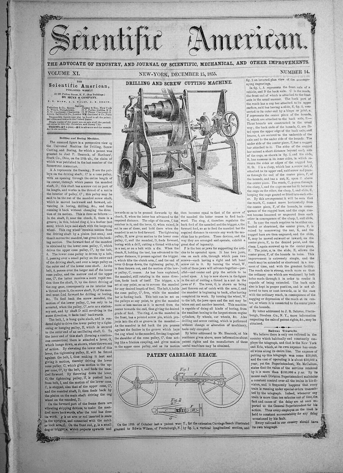 Scientific American, December 15, 1855. Drilling and Boring Machine, etc