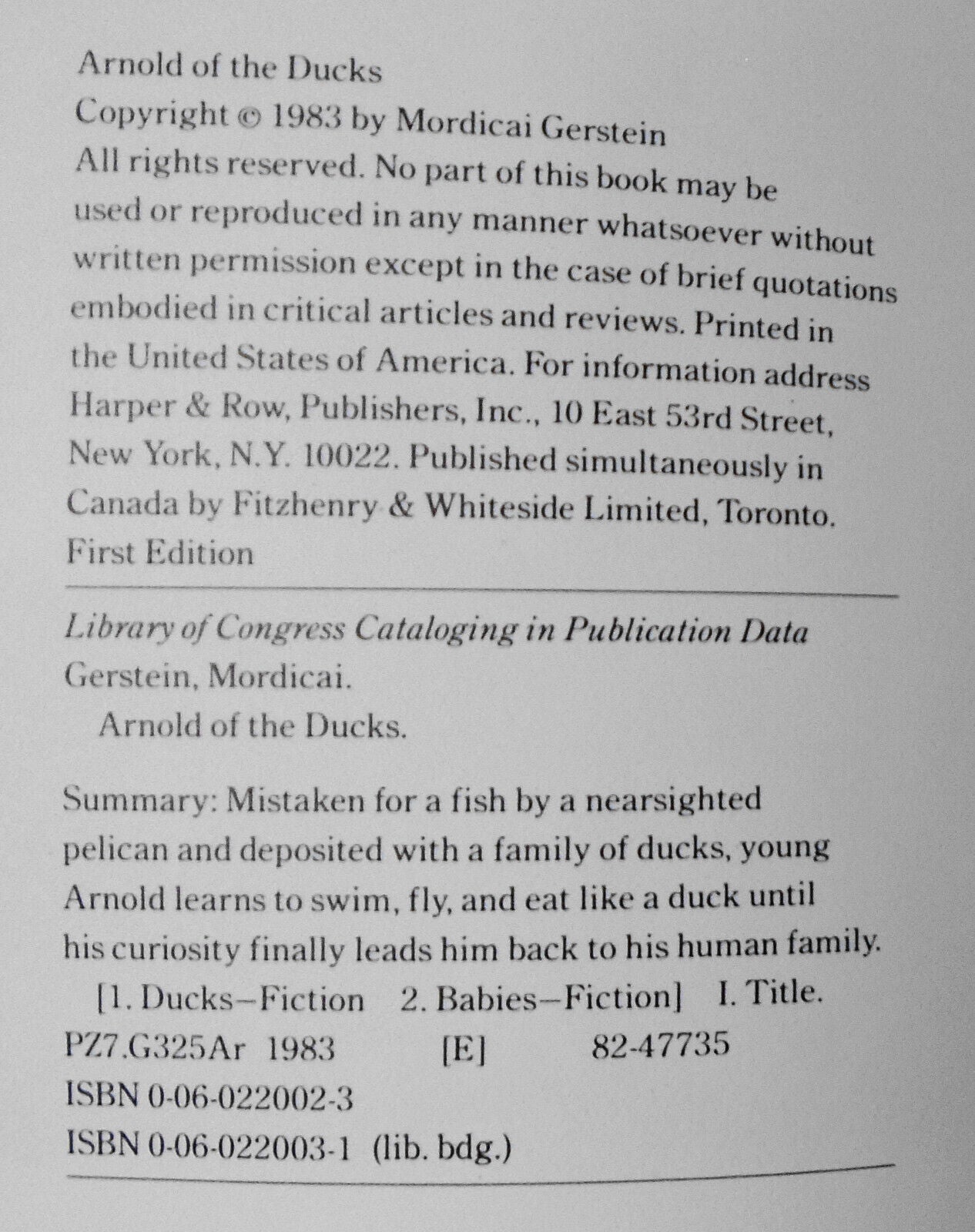 Arnold of the Ducks, by Mordicai Gerstein. 1983 First Edition SIGNED / INSCRIBED