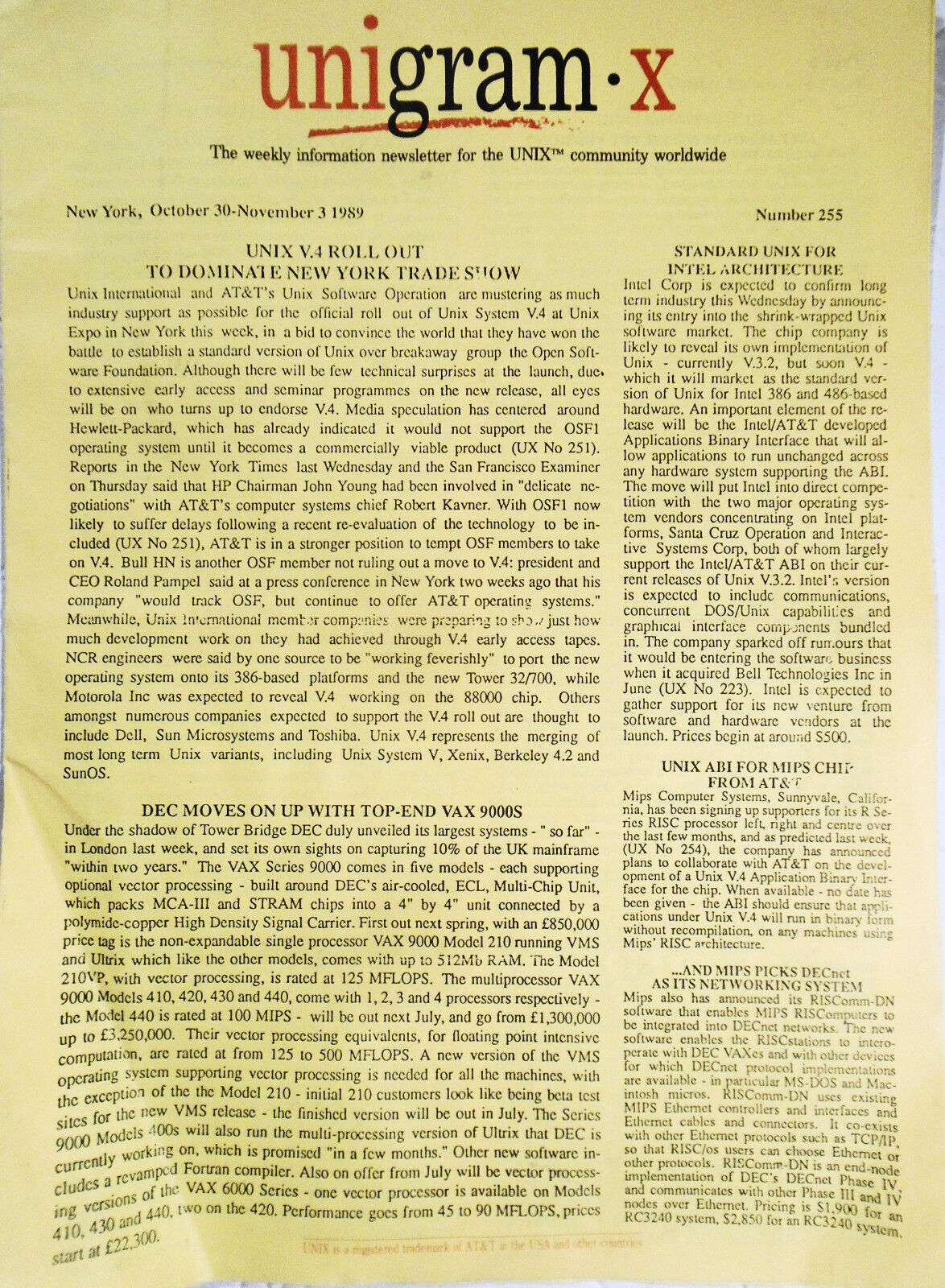 Unigram-X, #255 - Oct 30, 1989 - weekly  newsletter for UNIX community worldwide