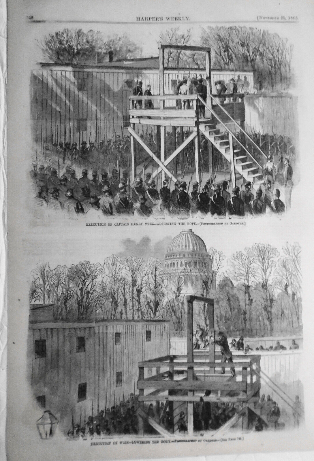Execution of Captain Wirz. Original, Story & 4 Prints - Harper's Weekly, 1865