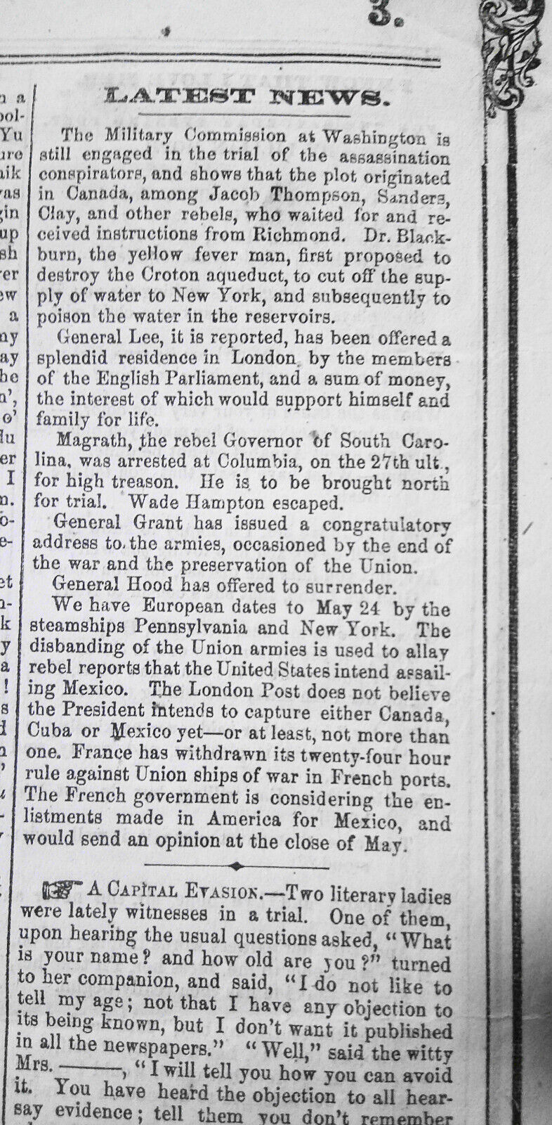 Saturday Evening Post, June 10, 1865 - General Lee in London, etc