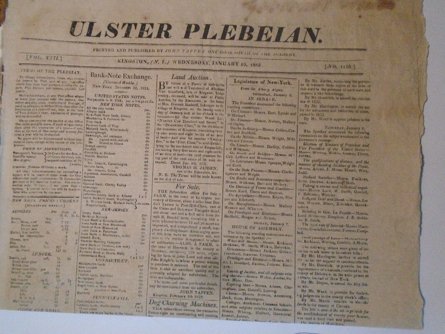 Albany Daily Advertiser January 7, 1825. New York Governor DeWitt Clinton's copy