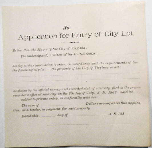 1880s Application for Entry of City Lot, City of Virginia
