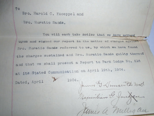 1904 Masonic Lodge Report on Trial & Expulsion of its Secretary for Fraud, NYC