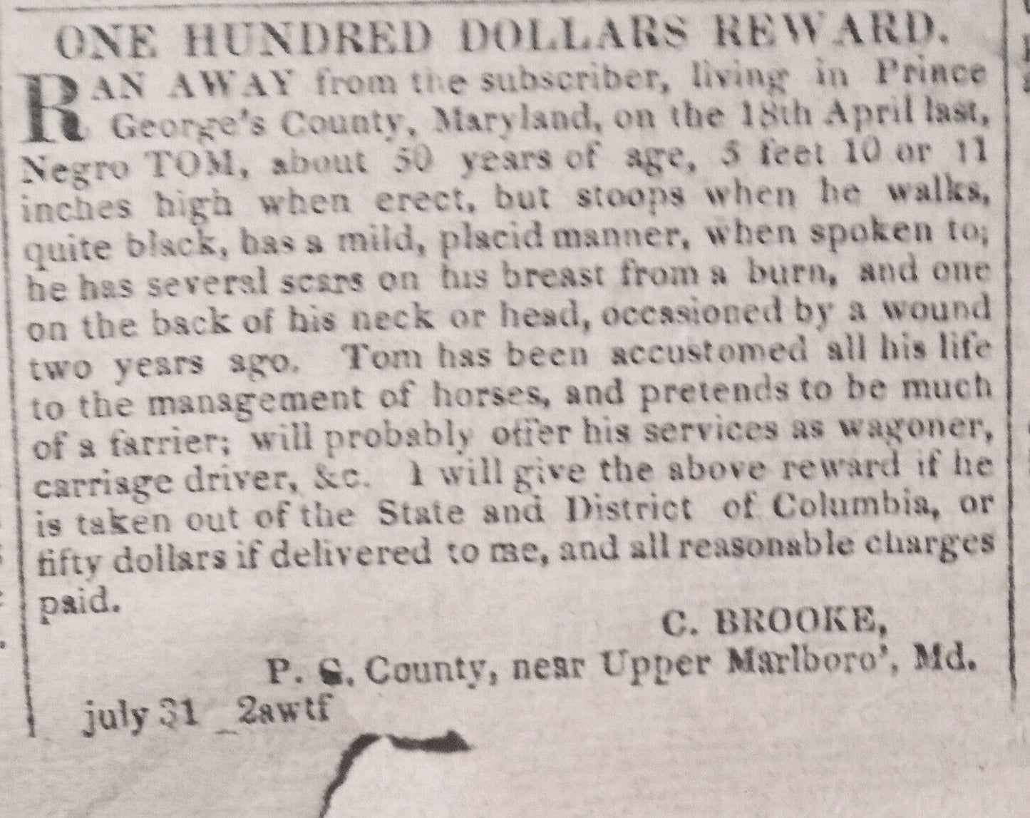 National Intelligencer October 28, 1824. $100 reward for Negro TOM runaway slave