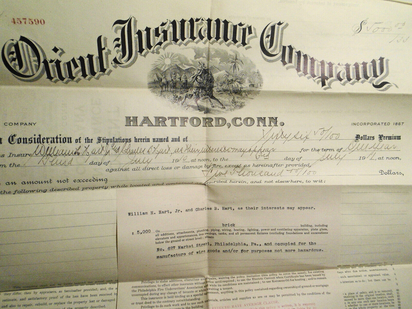 1910 Orient Insurance Co. Hartford Connecticut. Fire Insurance Policy Document