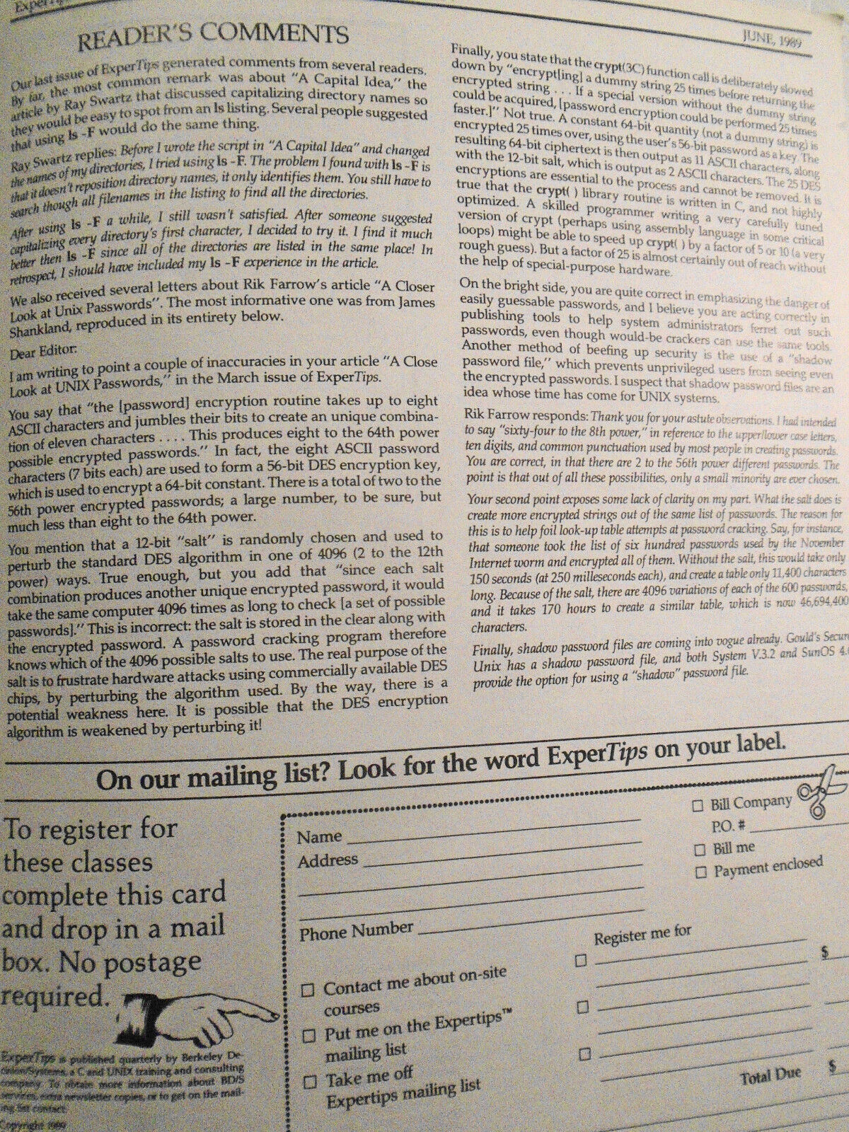 ExperTips, June 1989 -- A C and UNIX Newsletter -- Do-it Yourself UNIX Security