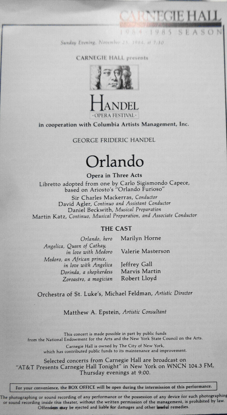 Handel : ORLANDO  - Carnegie Hall Stagebill Nov. 25, 1984 - Marilyn Horne