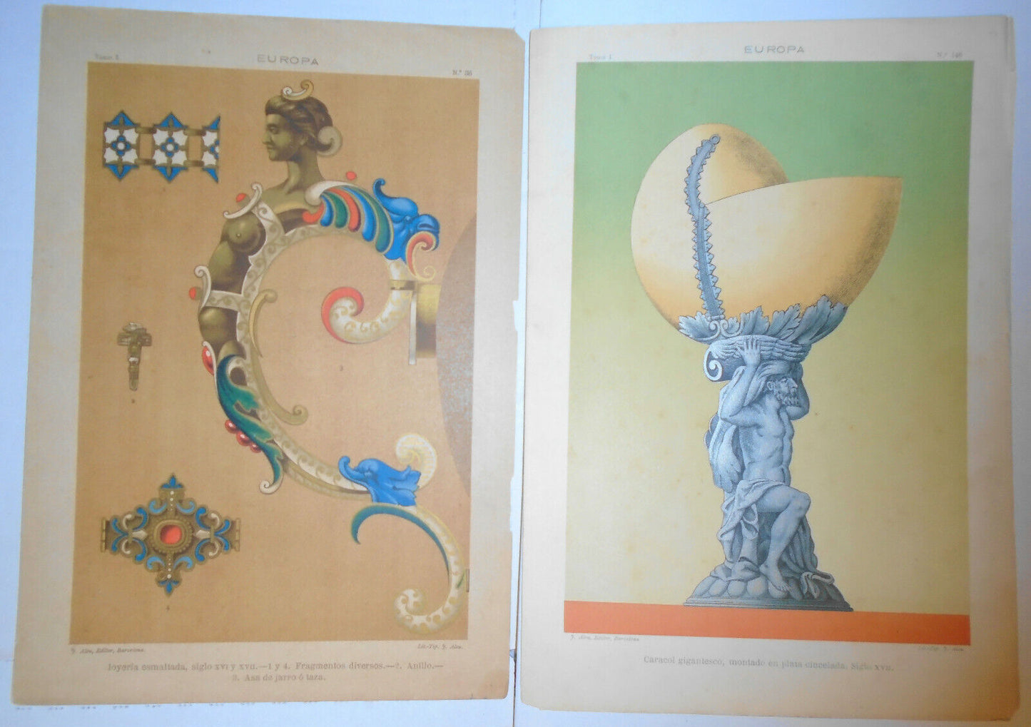 EUROPA - Joyeria esmaltada & Caracol gigantesco lithographs circa 1890 by J Aleu
