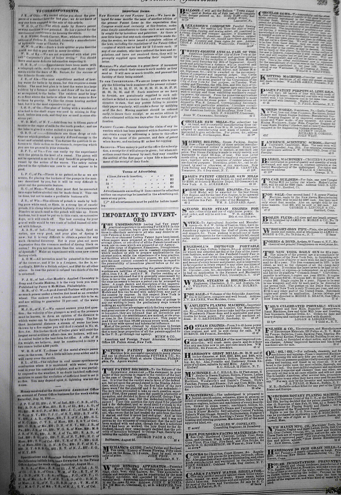 Scientific American, August 23, 1856. Qualifications of Engineers. Patents, etc.