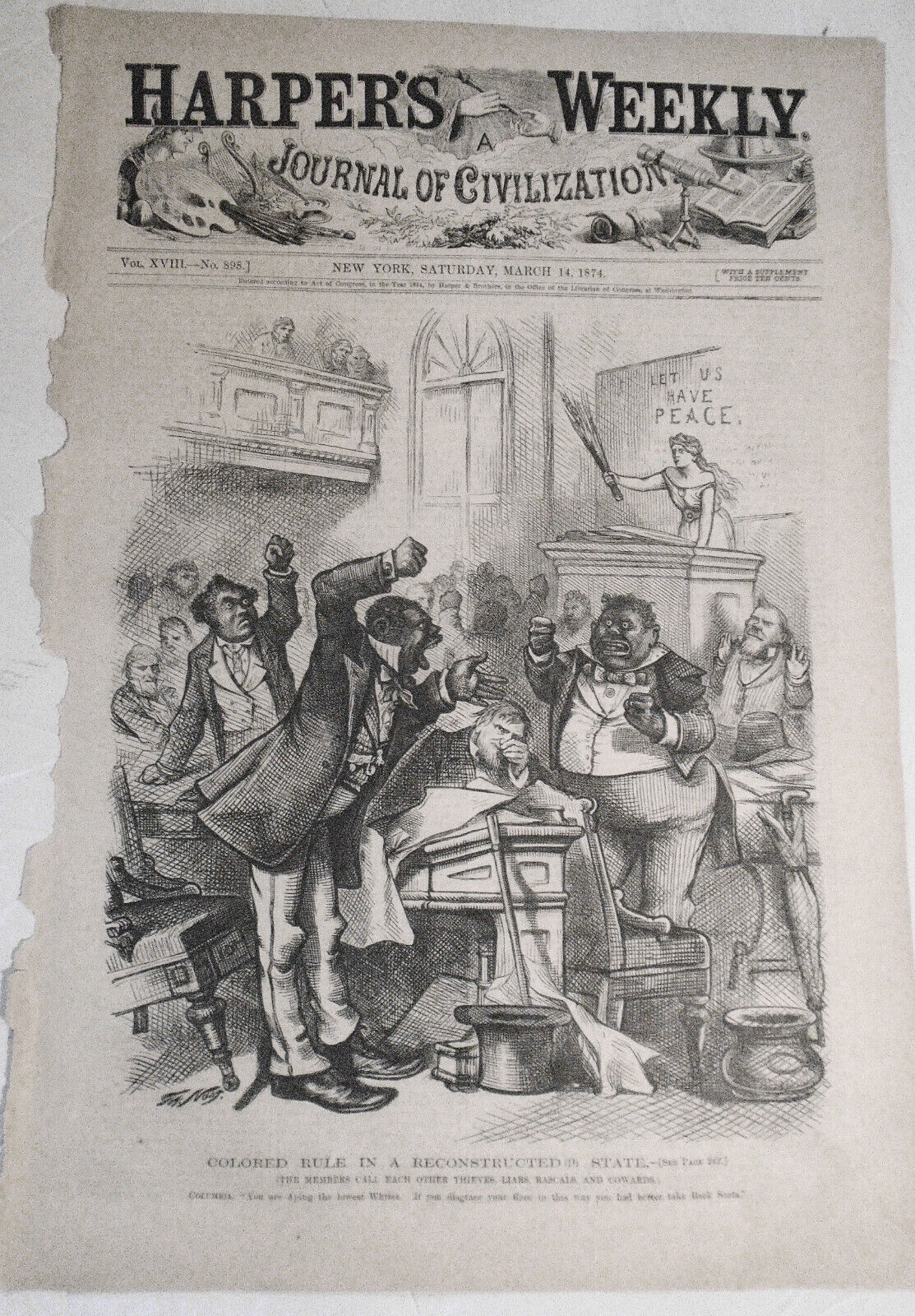 Colored Rule in a Reconstructed (?) State, by Thomas Nast. Harper's Weekly, 1874