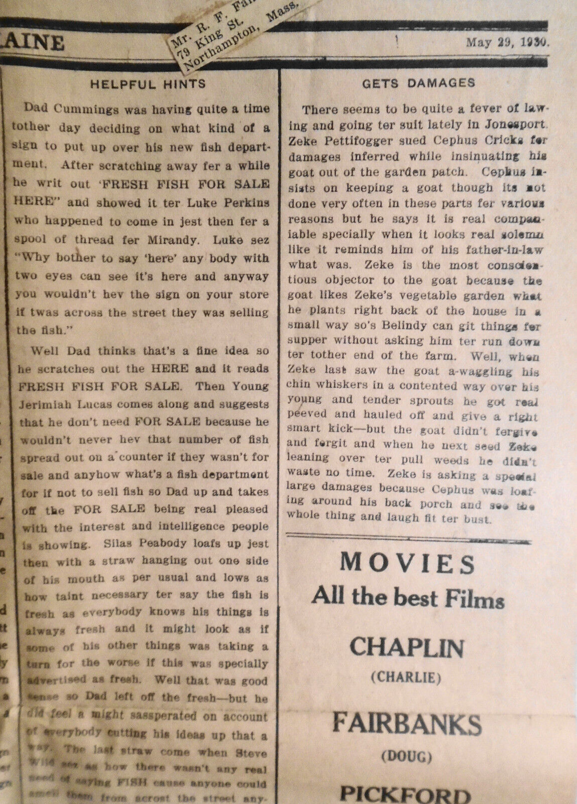 Jonesport Star, May 29, 1930 - Big meeting held to paint town sign; other news