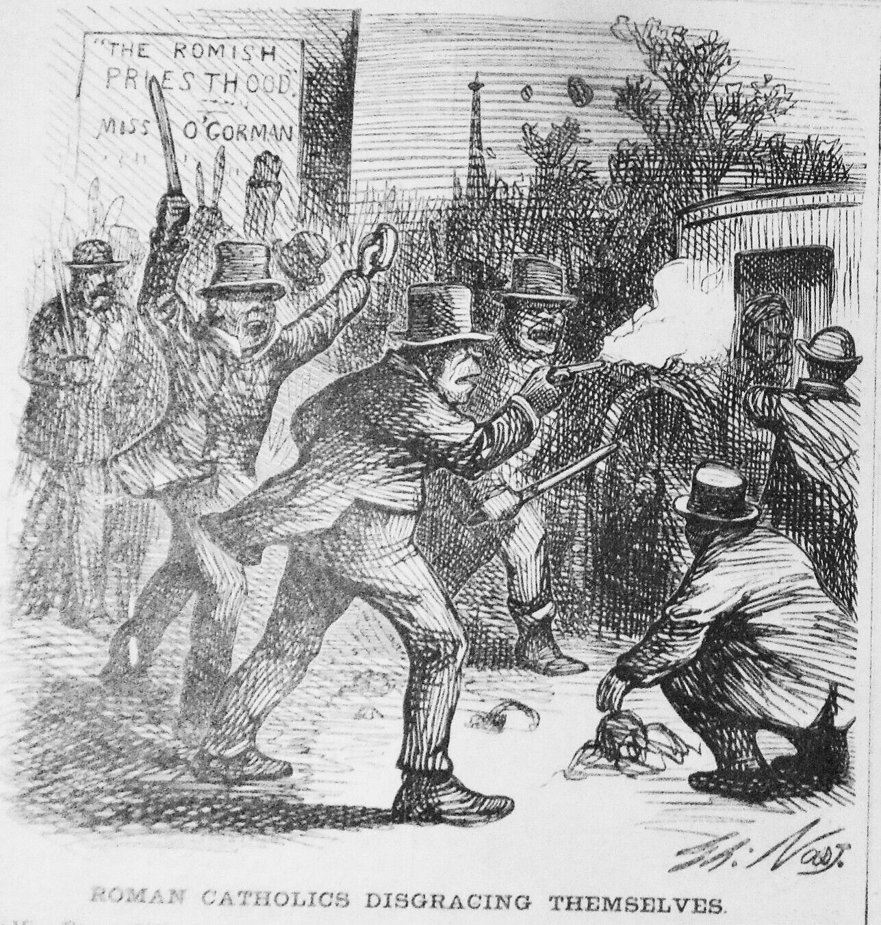 Roman Catholics Disgracing Themselves, by Th. Nast. Harper's Weekly, May 7, 1870