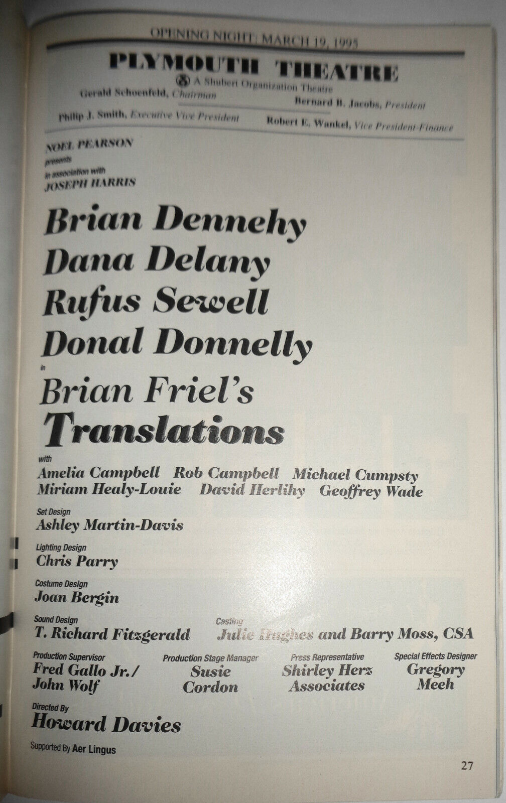 TRANSLATIONS - PLAYBILL - OPENING NIGHT: MARCH 19, 1995. Plymouth Theatre