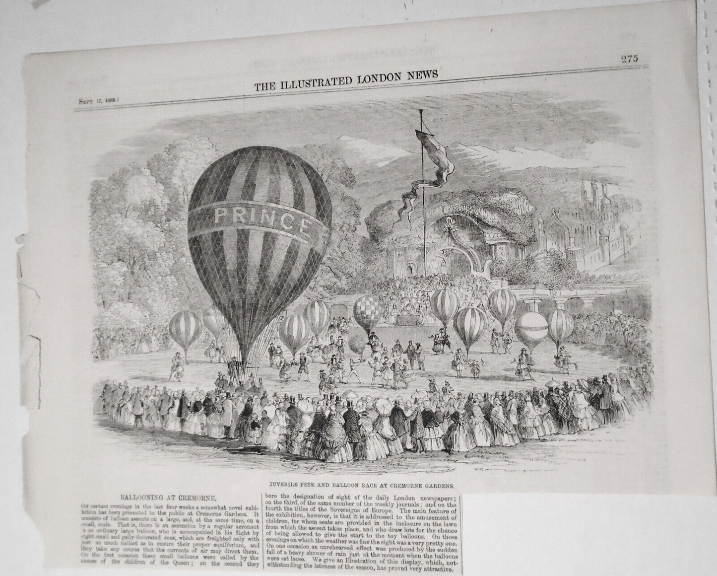 Juvenile Fete & Balloon Race At Cremorne Gardens - Illustrated London News 1859