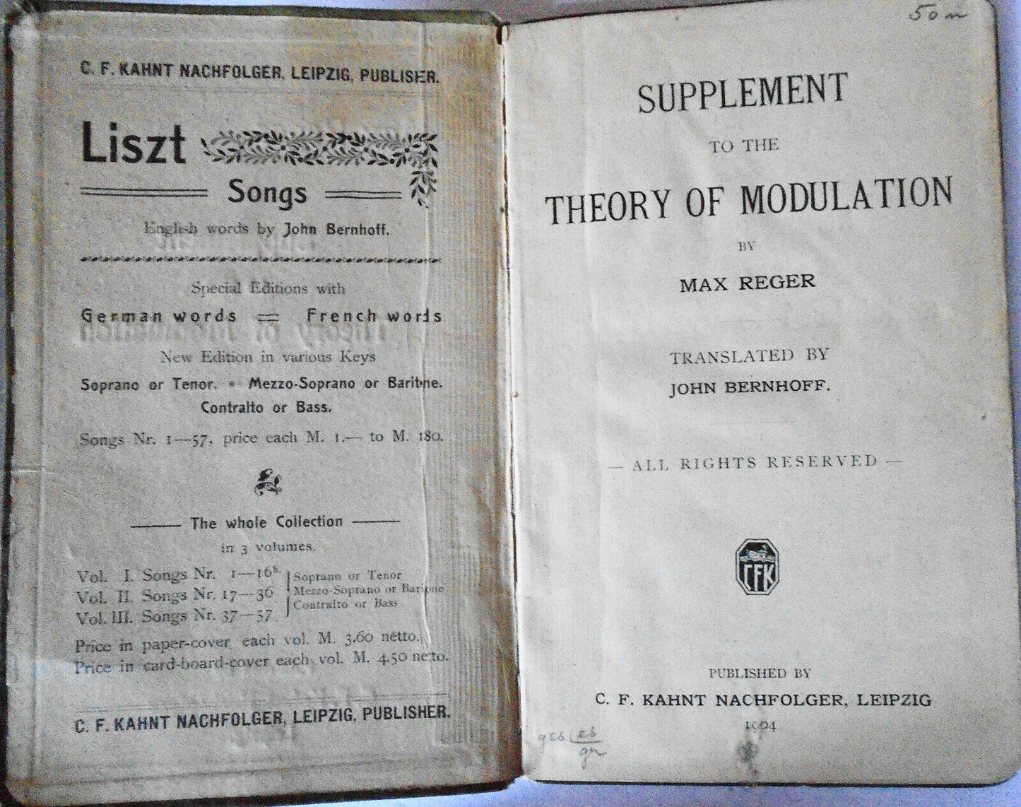 Supplement to the theory of modulation, by Max Reger. 1904. First edition.