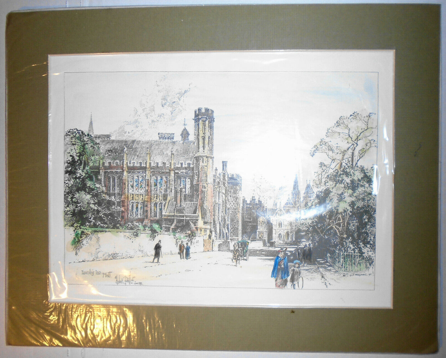 1892 "Lincoln's Inn Hall" by Herbert Railton. Hand-colored etching