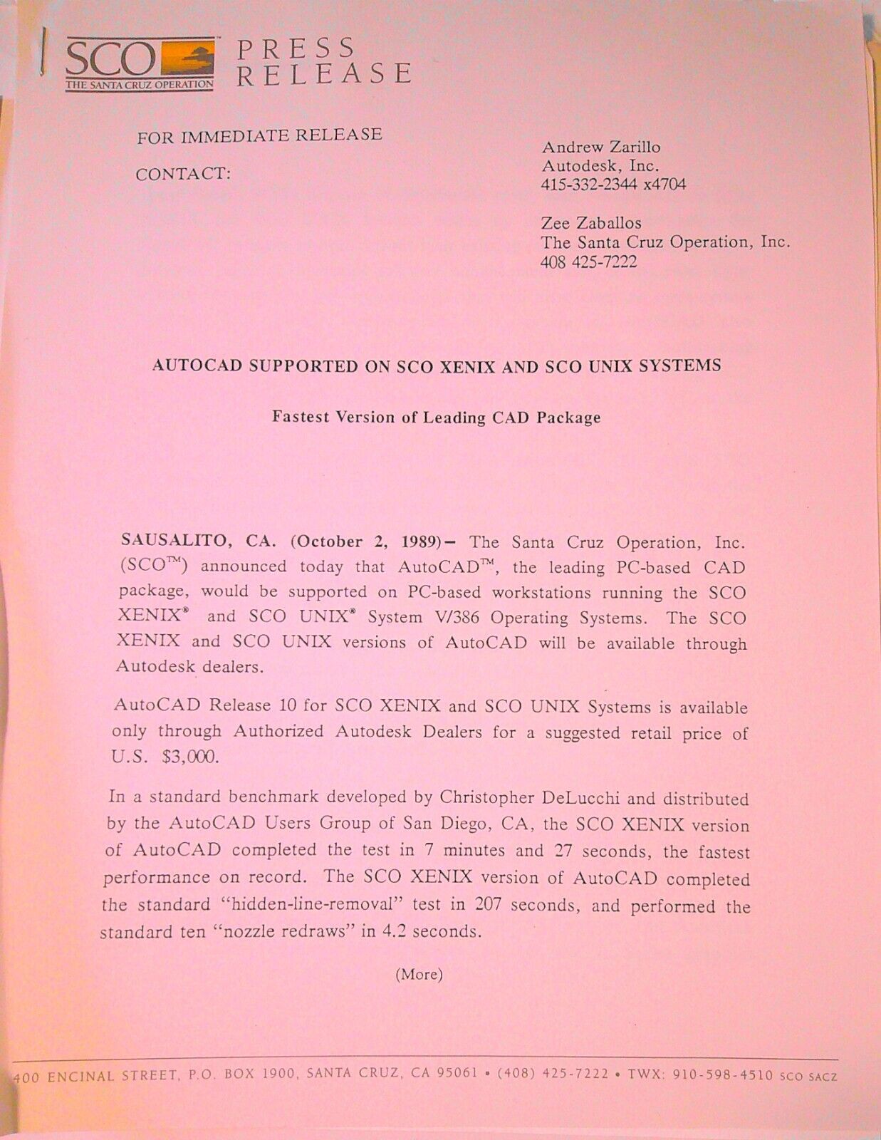 Santa Cruz Operation Press Kit, 1989 : SCO MultiView for UNIX & XENIX, etc