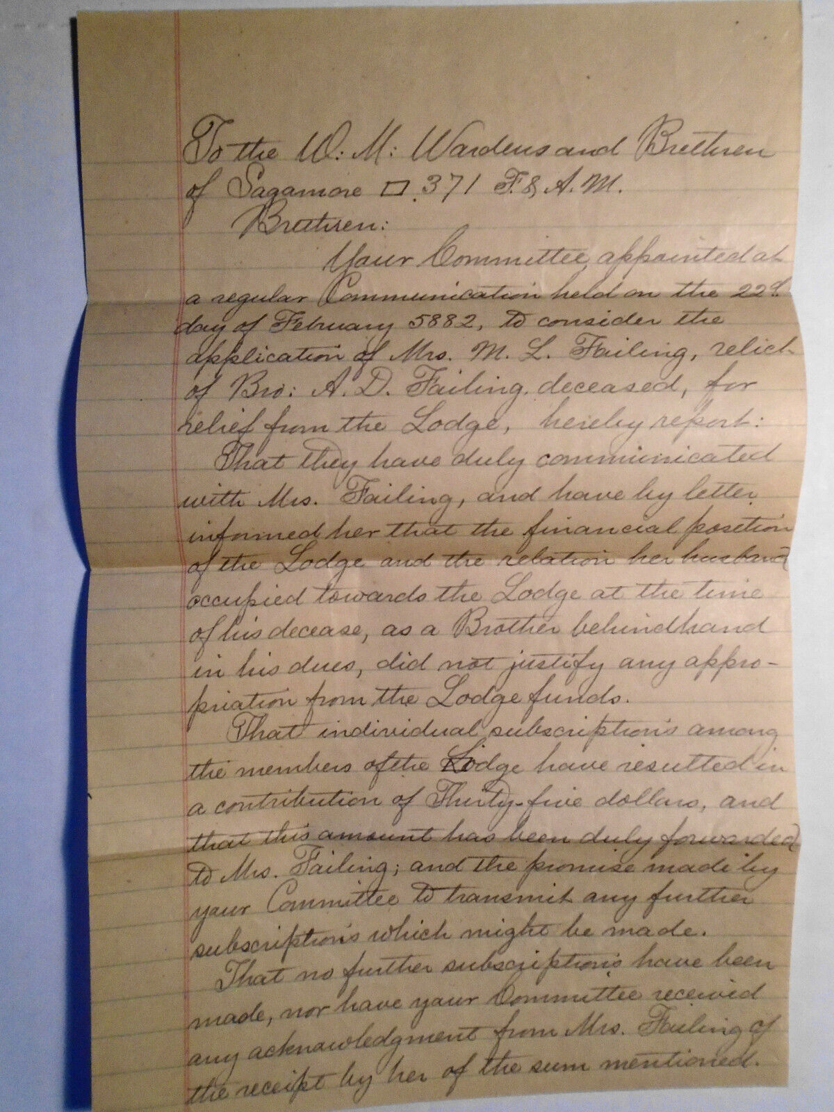 1882 Two handwritten Masonic Lodge docs (report & lettter), on a dues dispute.