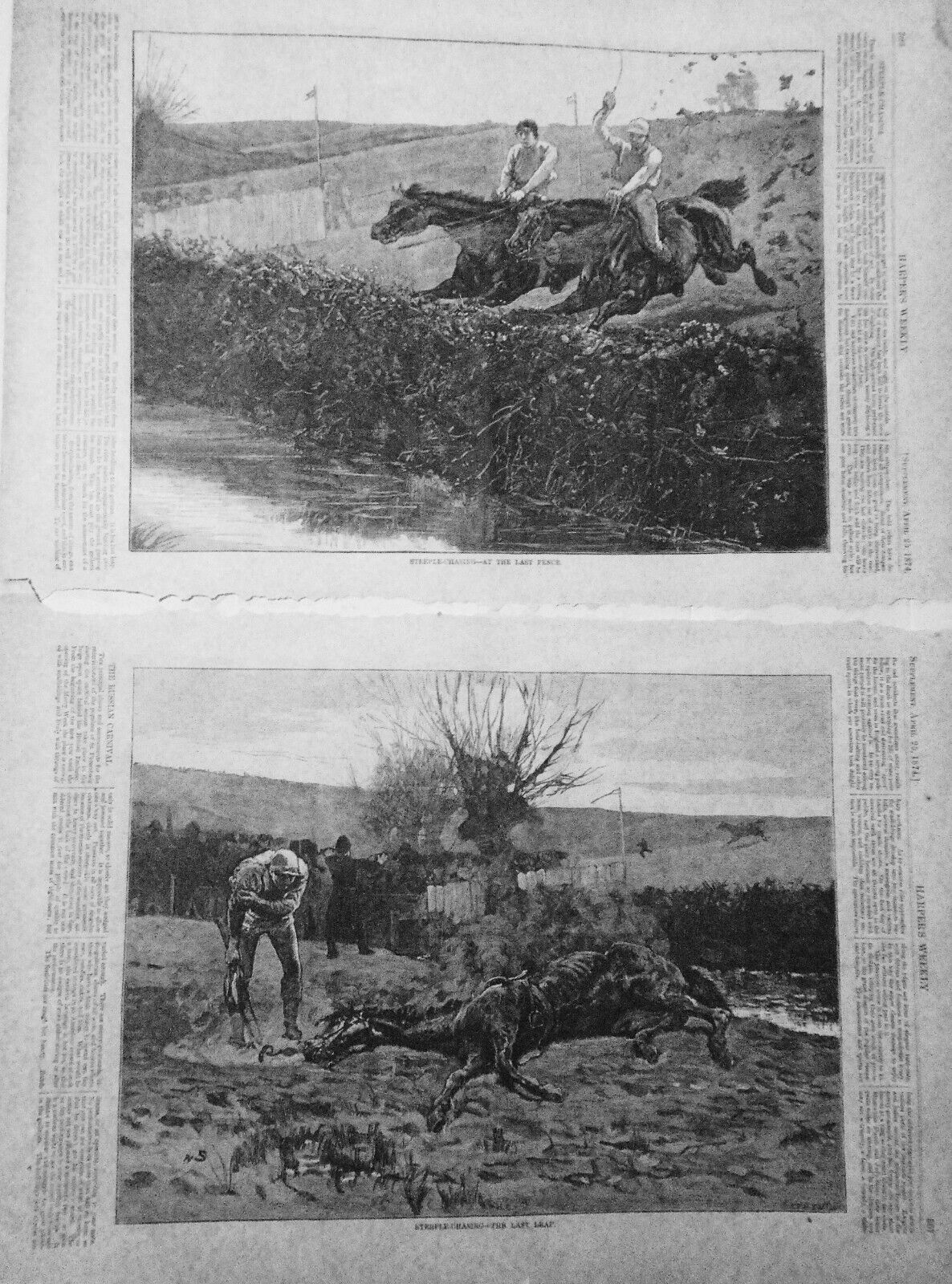 STEEPLE-CHASING - Two original prints from Harper's Weekly, April 25, 1874
