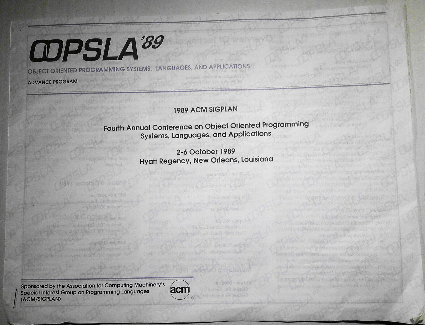 OOPSLA '89 4th Annual Conference on Object Oriented Programming. Advance program