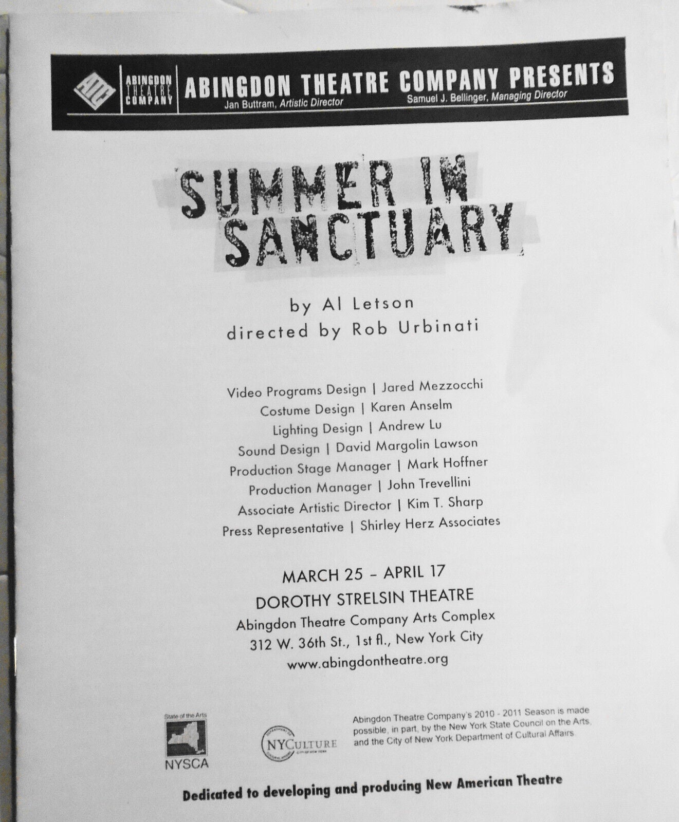 Summer in Sanctuary - Dorothy Strelsin Theatre 2011 - Souvenir program & inserts