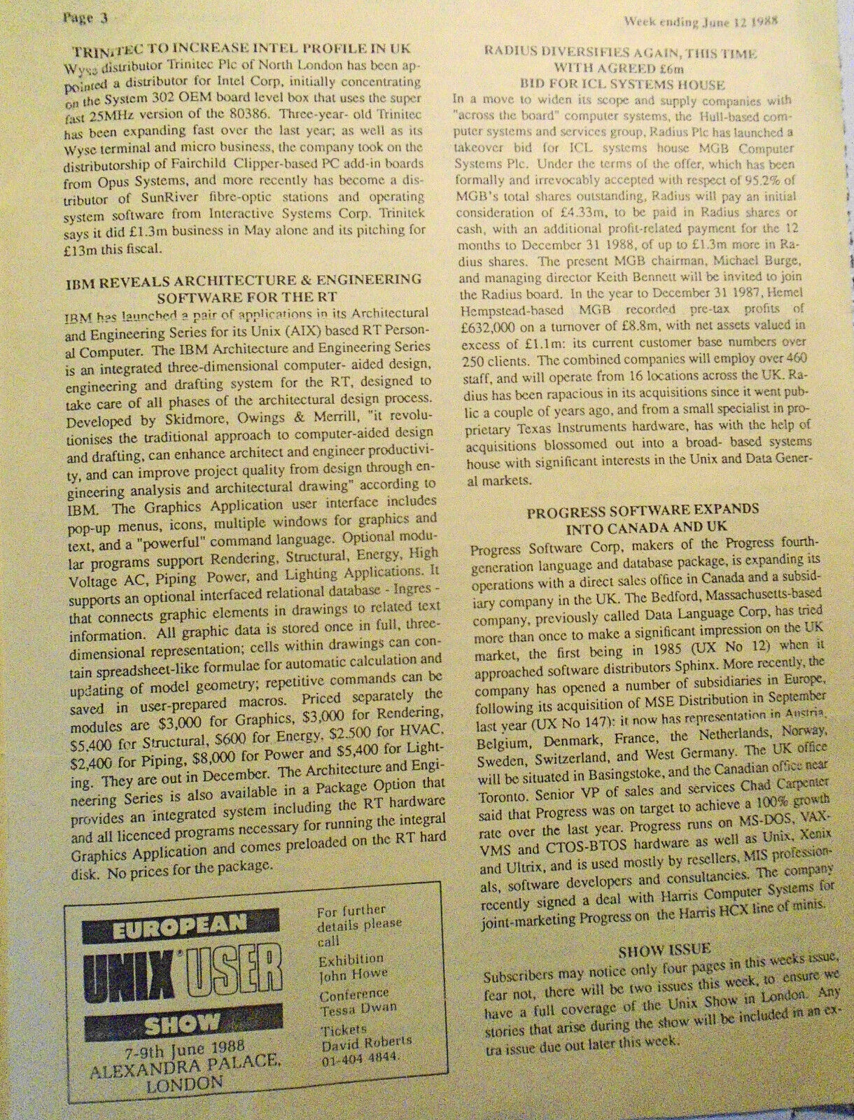 Unigram-X, #183 - June 12, 1988 - London weekly for UNIX manufacturers, et al