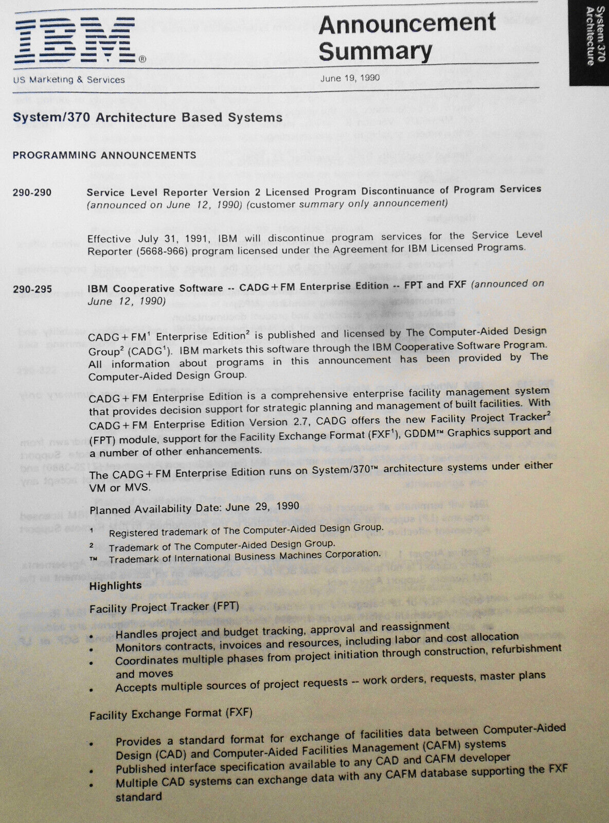 IBM Announcement Letter Summary, June 19, 1990 : System/370; AIX; Token-ring etc