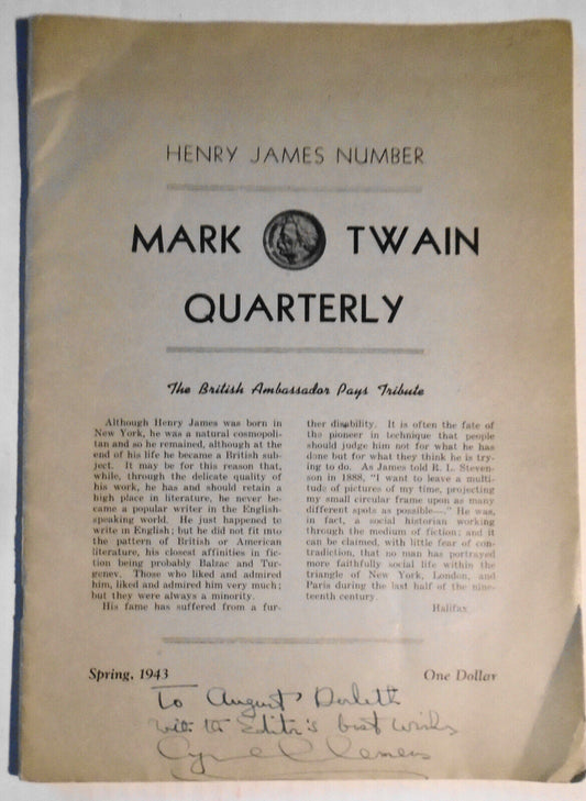 [Henry James] Mark Twain Quarterly  1943. Signed to August Derleth. Sendak copy.