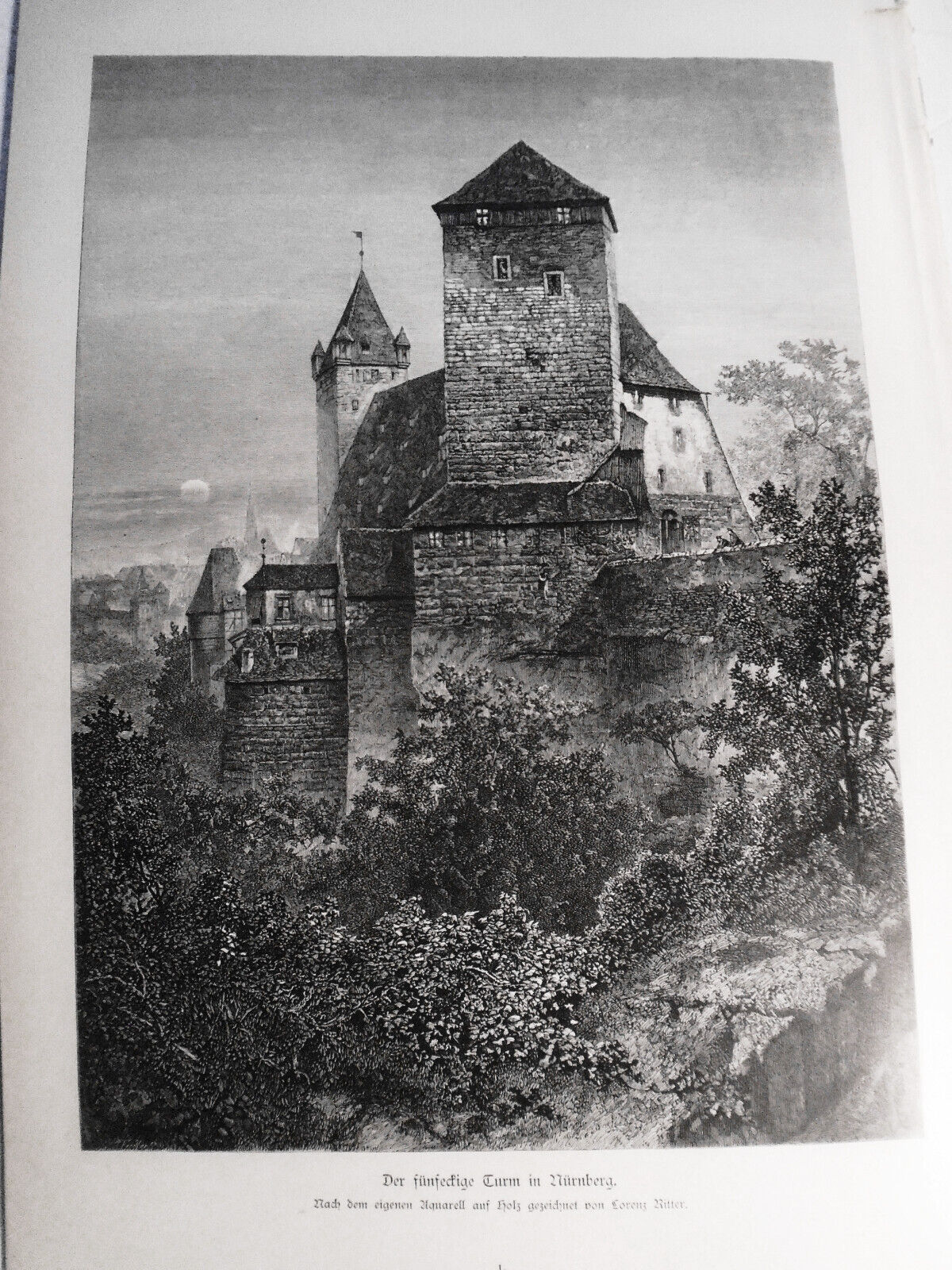 Der fünfeckige Turm zu Nürnberg, by Lorenz Ritter. 1884 - Original antique print