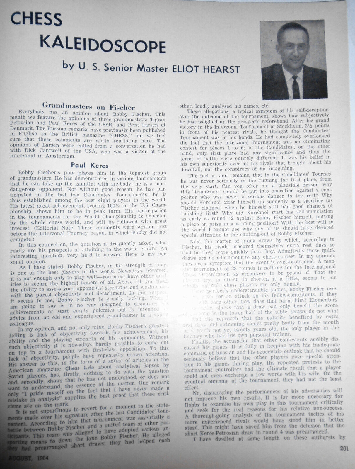 Chess Life, August 1964 : Bobby Fischer Talks Chess; Grandmasters on Fischer etc