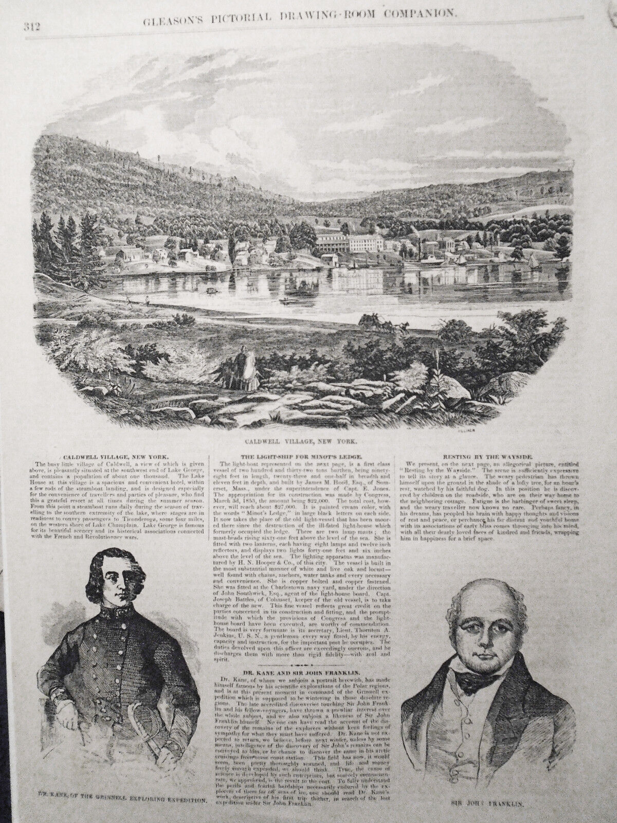 Caldwell Village, New York - Gleason's Pictorial, 1852. Original, Story & Print