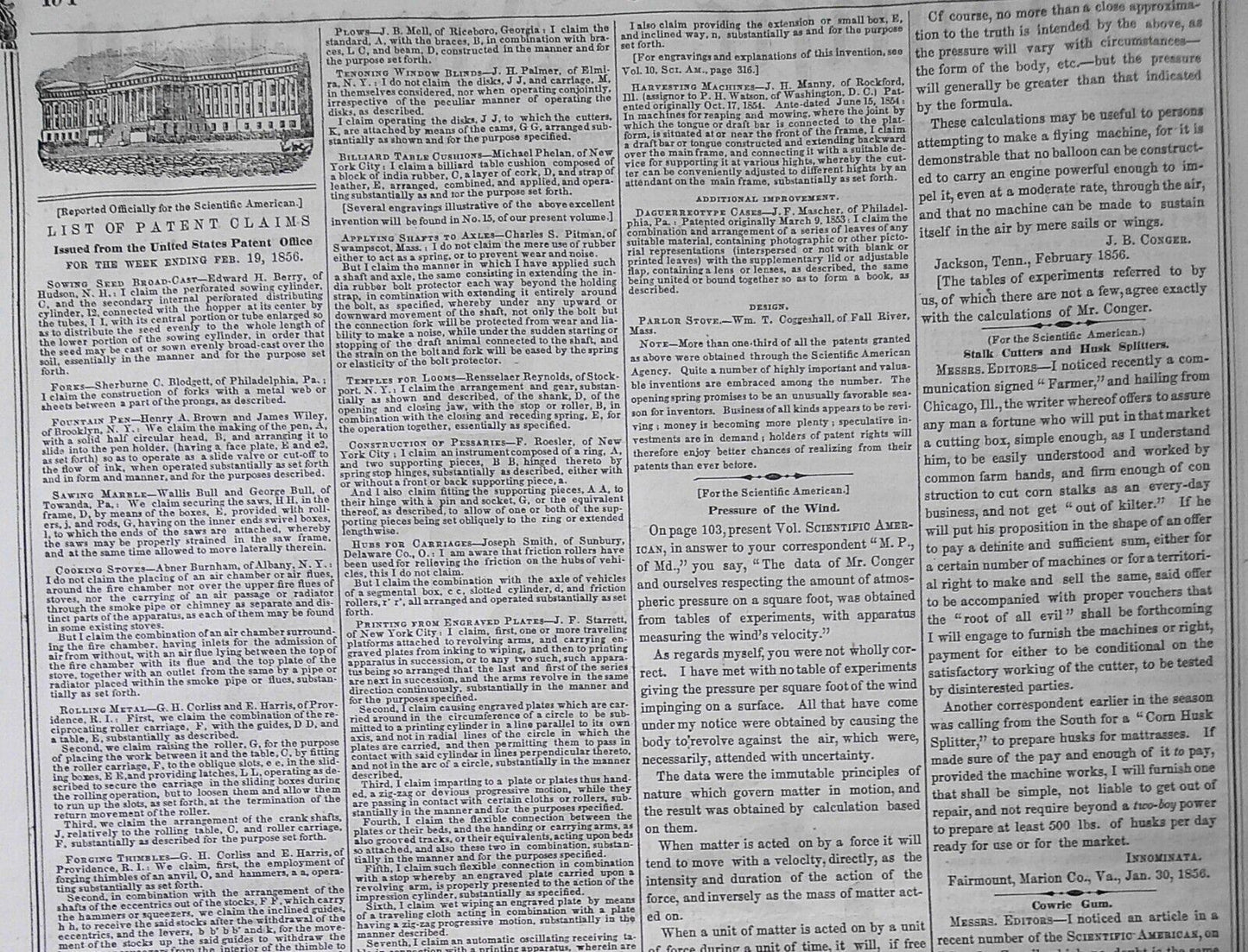 Scientific American, March 1, 1856. Bees and the honey; expelling rats, etc