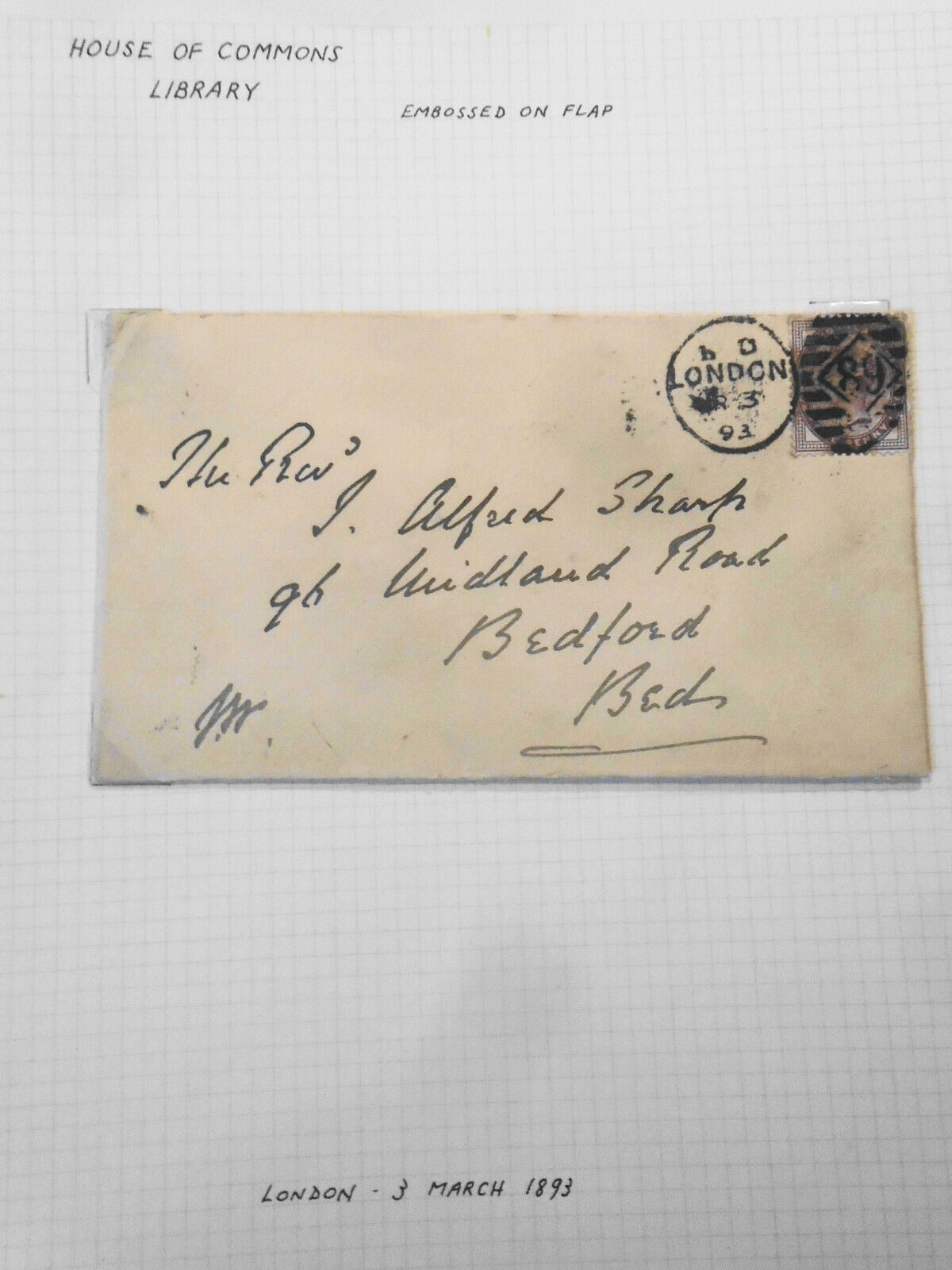 1893 House of Commons Library seal - embossed on flap of postal cover