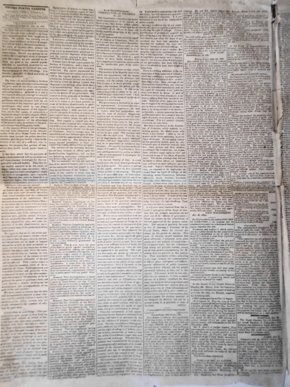 The United States Gazette December 23, 1824 - South Carolina laws re. Blacks etc