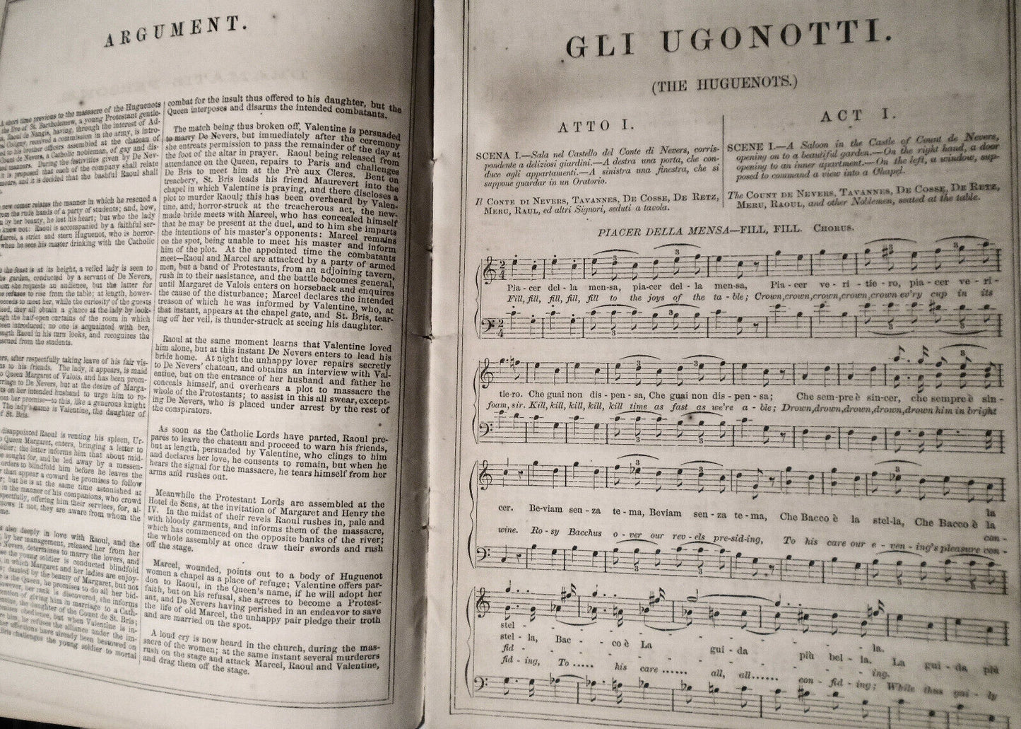 Meyerbeer's opera Les Huguenots 1860. Italian text, English translation, music.