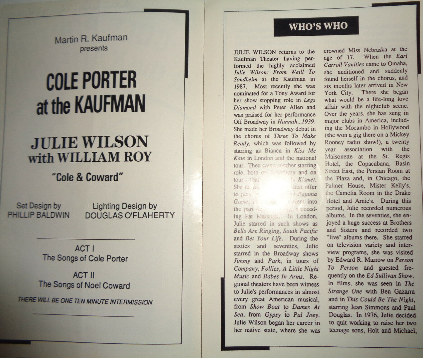 "COLE PORTER AT THE KAUFMAN" JULIE WILSON ... PROGRAM 1991 - Hilary Knight cover