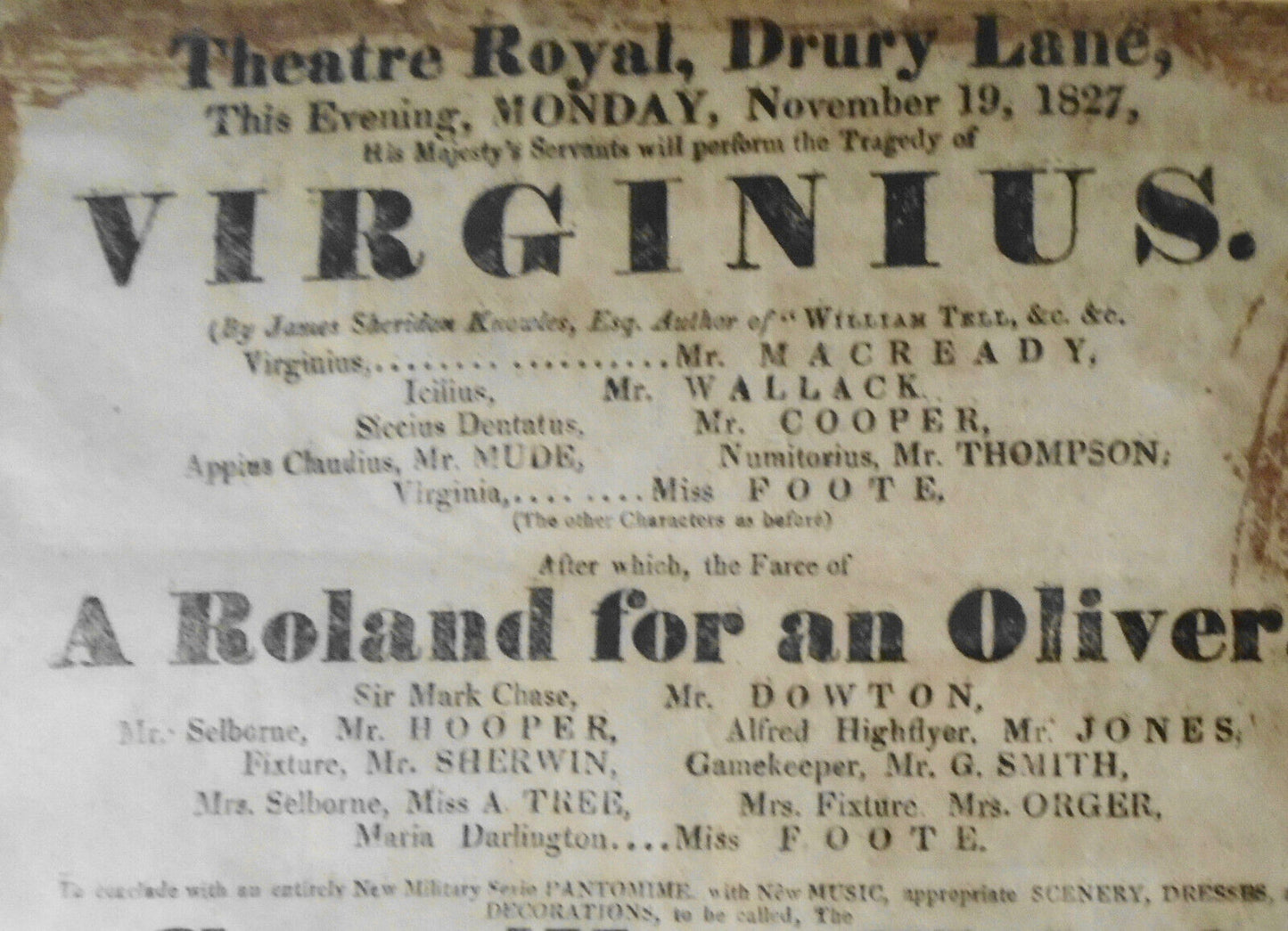 1827 Virginius, Broadside Playbill - Theatre Royal UK. Barrymore, Macready, Kean