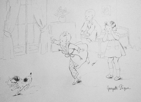 Georgette Pique sketch - Chasing dog for doll in bedroom - 20x13"