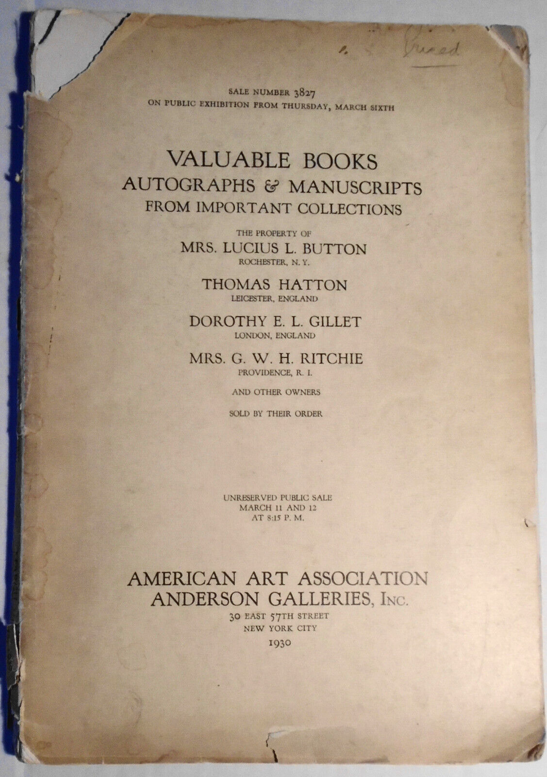 Valuable books : autographs and manuscripts...  from Mrs. Lucius L. Button, 1930