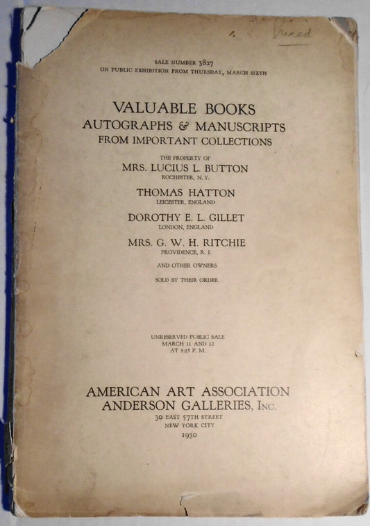 Valuable books : autographs and manuscripts...  from Mrs. Lucius L. Button, 1930