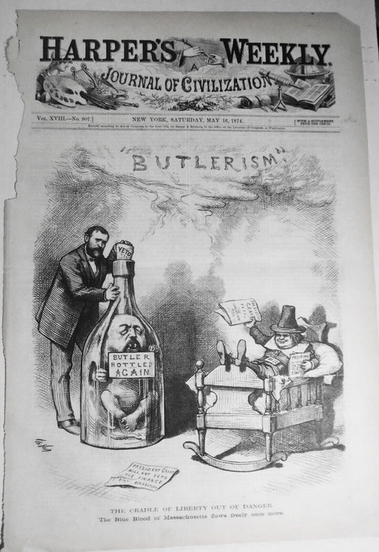 The Cradle of Liberty out of Danger by Th Nast - Harper's Weekly  1874 Original