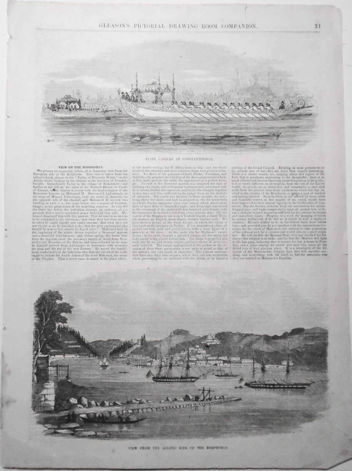 View Of The Bosphorus - 2 prints & story - Gleason's Pictorial 1854