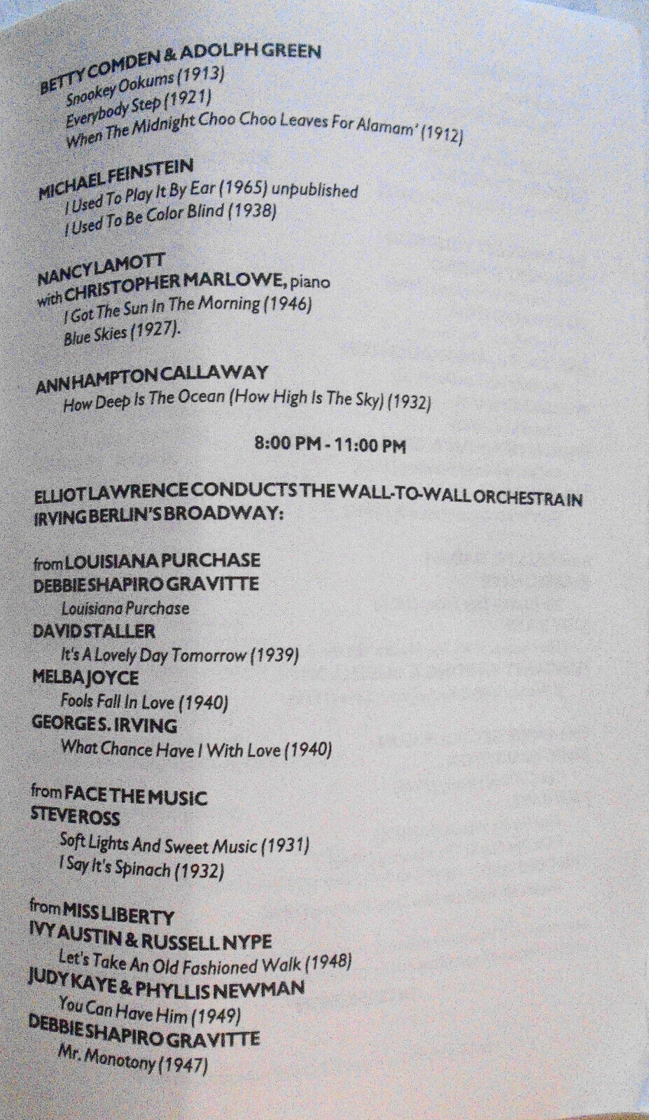 WALL TO WALL IRVING BERLIN - Program - March 19, 1994 - Symphony Space, NYC