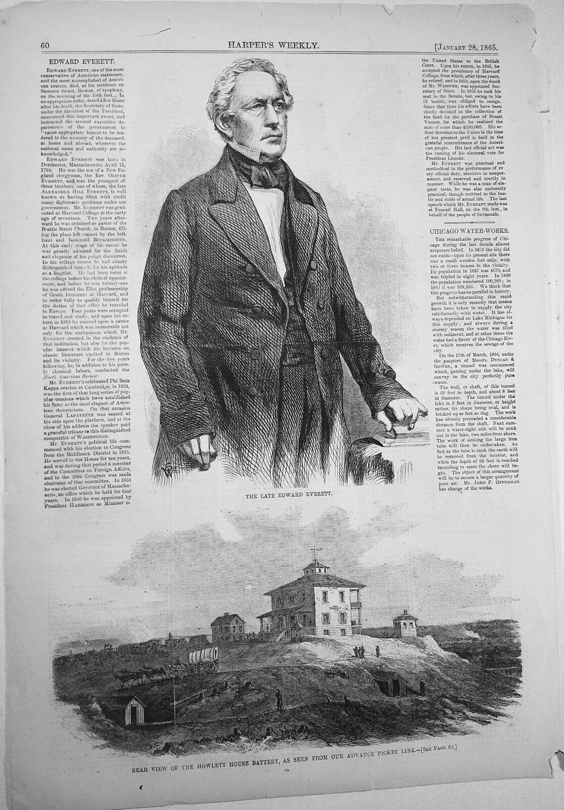 The Late Edward Everett /Howlett House Battery. Harper's Weekly January 28, 1865