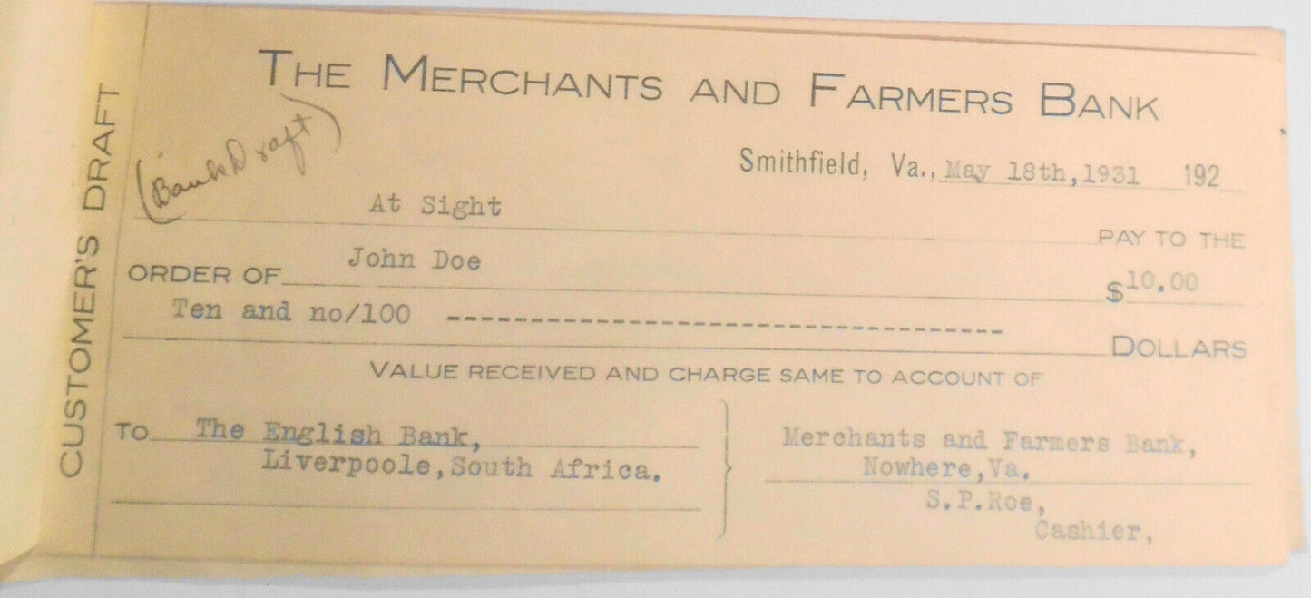 1931 Merchants and Farmers Bank Smithfield VA - 3 Customer's Draft + Demand Note