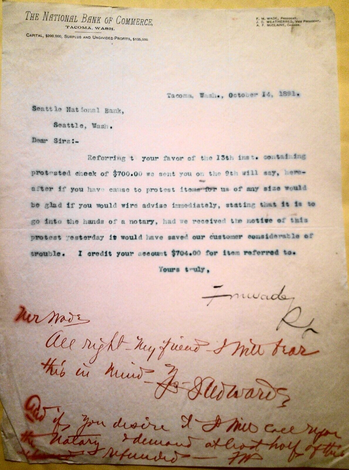 1891  National Bank of Commerce, Tacoma, Washington - letter & response