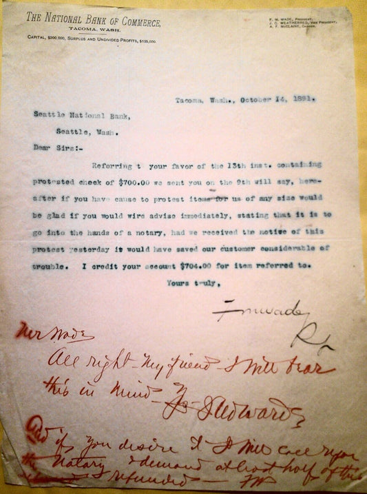 1891  National Bank of Commerce, Tacoma, Washington - letter & response